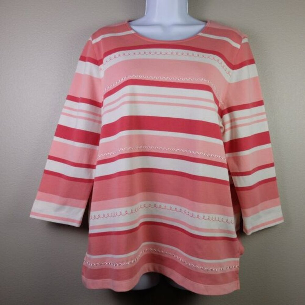 Alfred Dunner Pink Striped 3/4 Sleeves Top Size Large